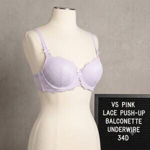 VS PINK Lace Push Up Balconette Bra 34D Lavender Lilac Purple Underwire